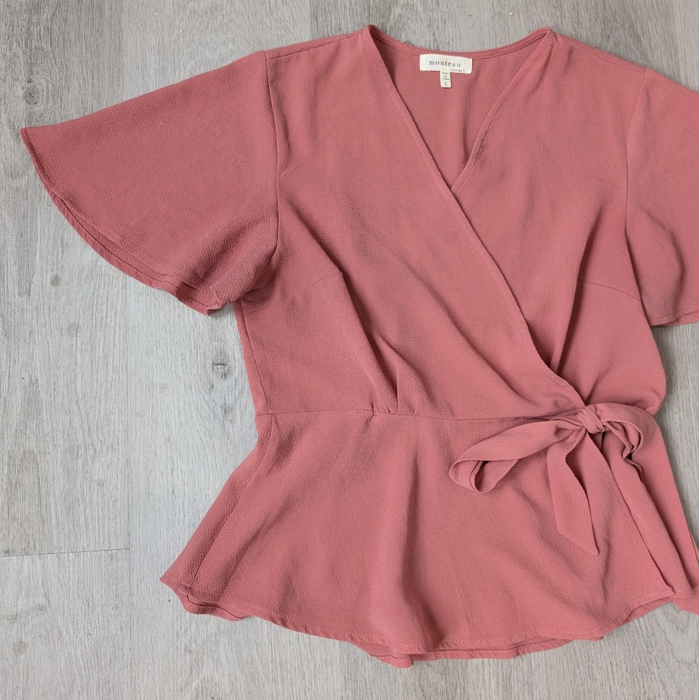 Monteau Casual Everyday Dusty Rose Flutter Sleeve Wrap Peplum Women's Top Size L - Picture 5 of 7